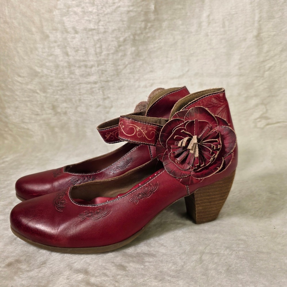 L'Artiste Tosha 3D Floral Tooled Leather Mary Jane Heels Red Womens 41 10